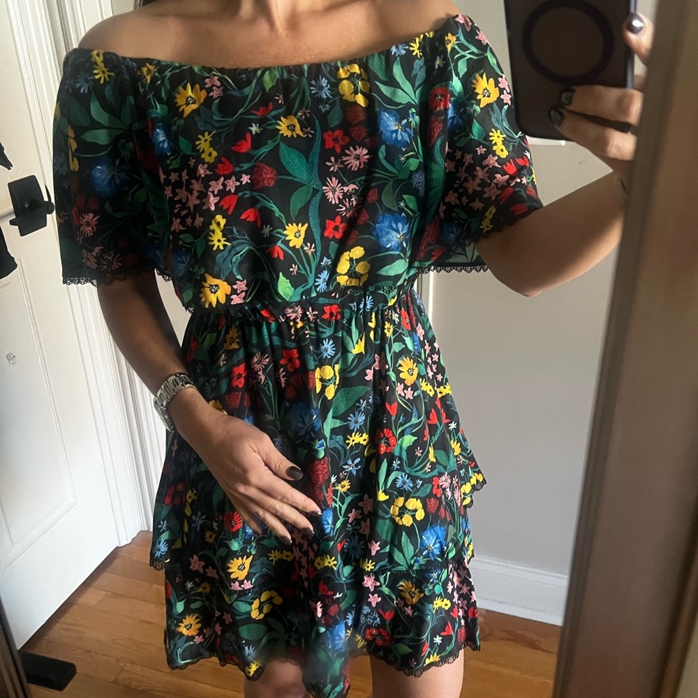 Alice + Olivia Multicolor Floral Tiered Mini Dress with lace trim